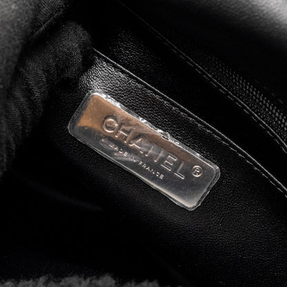 Chanel 22A Fluffy Camellia Flap Bag Embroidered Shearling Lambskin Black / White  (Microchip)