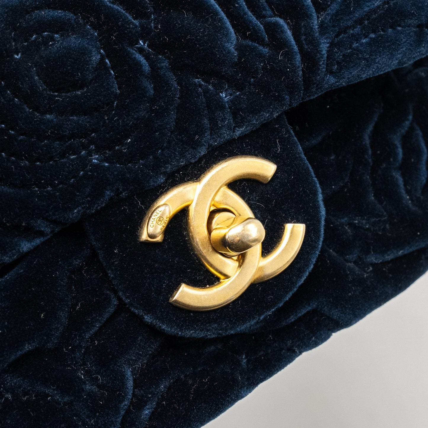 Chanel Camellia Embossed Mini Square Flap Bag Velvet Navy  (microchip)