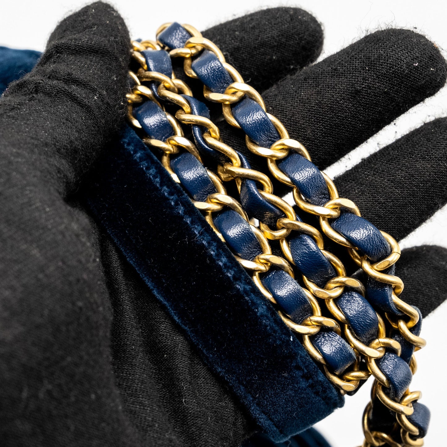 Chanel Camellia Embossed Mini Square Flap Bag Velvet Navy  (microchip)