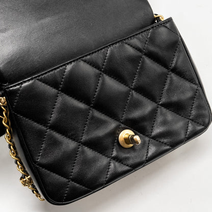 Chanel Mini Coco CC Logo Quilted Flap Bag Lambskin Black  (Microchip)