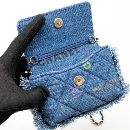 Chanel 22p Logo Printed Mini Clutch With Chain Denim Blue/Multicolour L