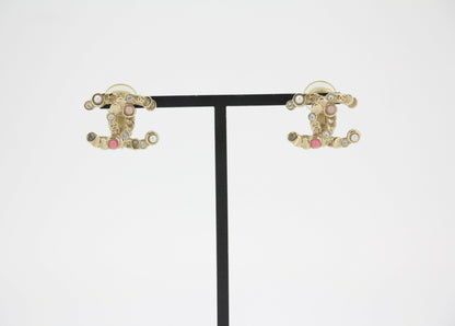 Chanel A19S Metal Dark Pink with Diamond CC Clip-on Earrings