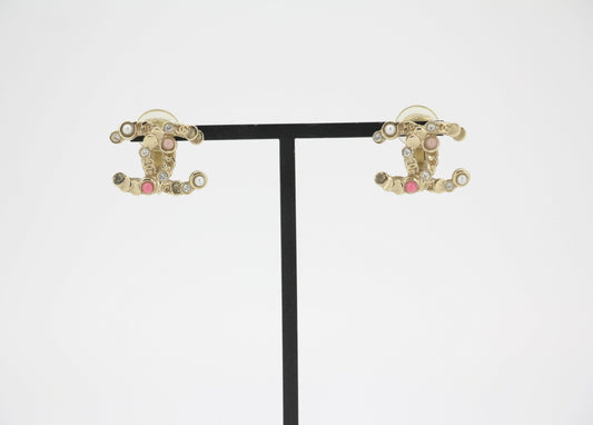 Chanel A19S Metal Dark Pink with Diamond CC Clip-on Earrings