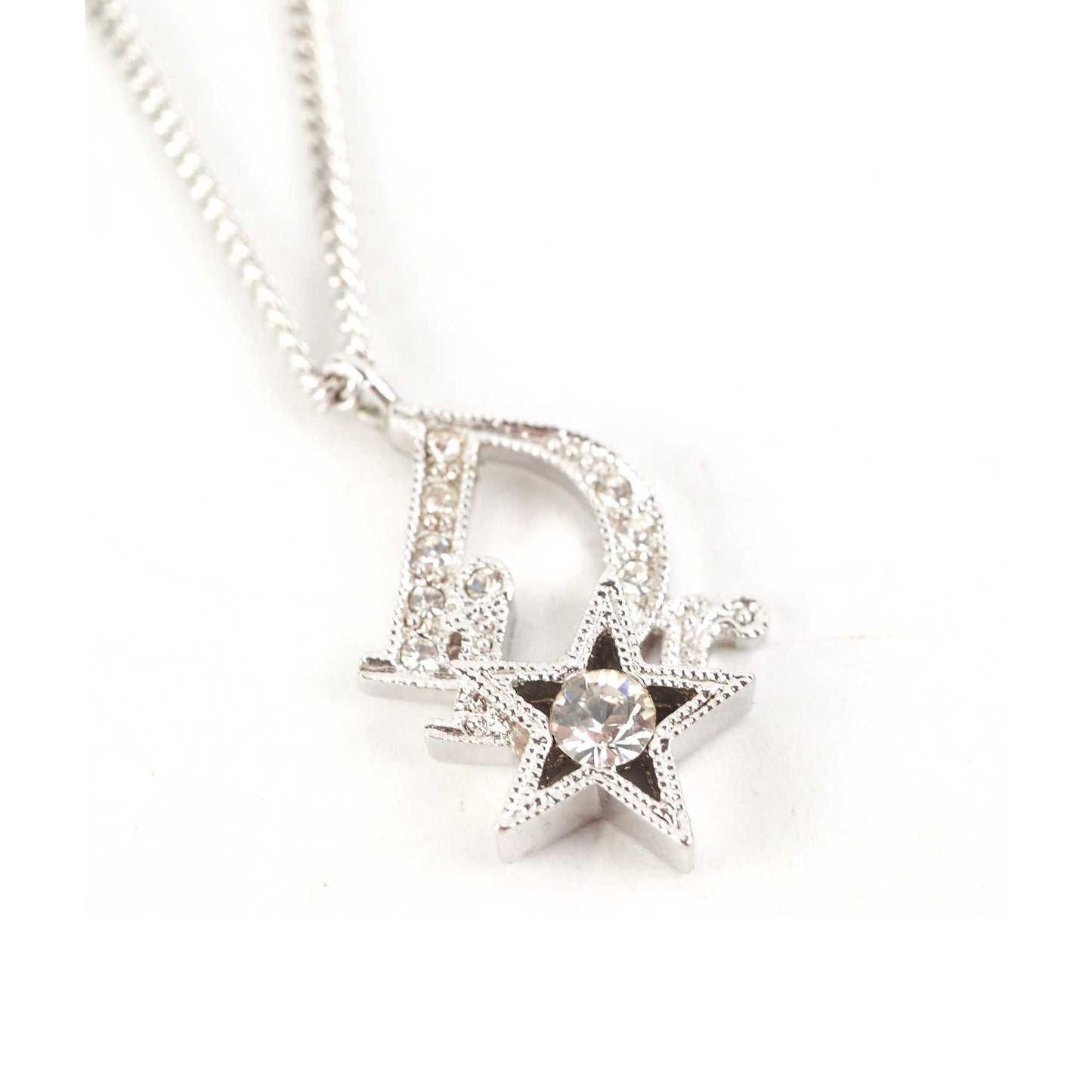 Dior Oblique Star Pendant Necklace Silver with White Crystals