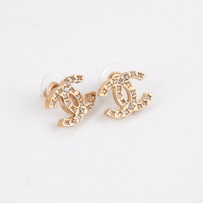 Chanel CC Logo Rhinestone Gold Earrings Costume Jewellery