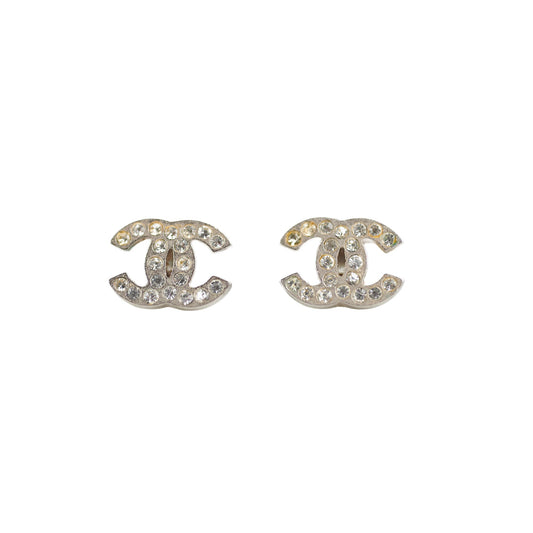 Chanel Coco Logo Rhinestone Silver Earrings Costume Jewellery