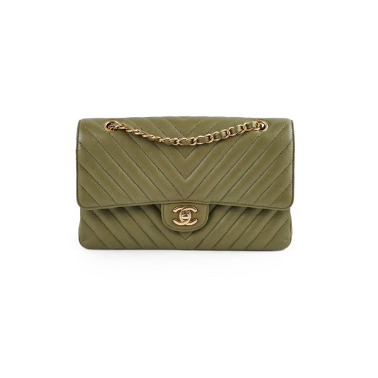 Chanel Chevron M/L Classic Flap Khaki22394 Chanel Chevron M/L Classic Flap Khaki