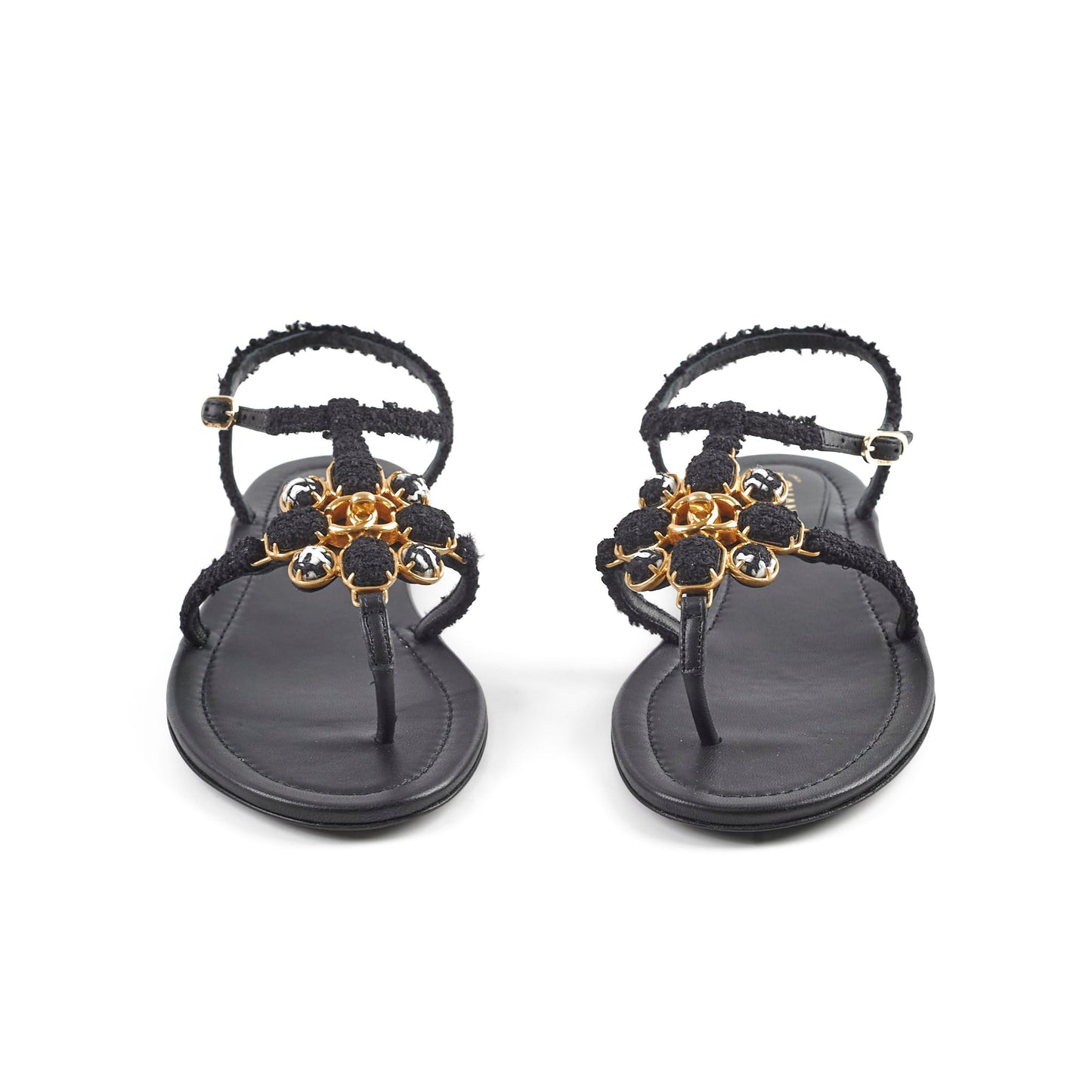 Chanel Tweed Interlocking CC Flat Sandal 37.5 Black