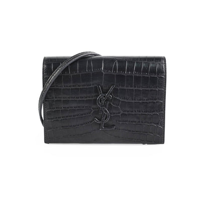 Saint Laurent Kate Croc Wallet On Chain WOC Black