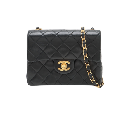 Chanel Mini Vintage Square Single Flap Lambskin 24k Gold Black Bag