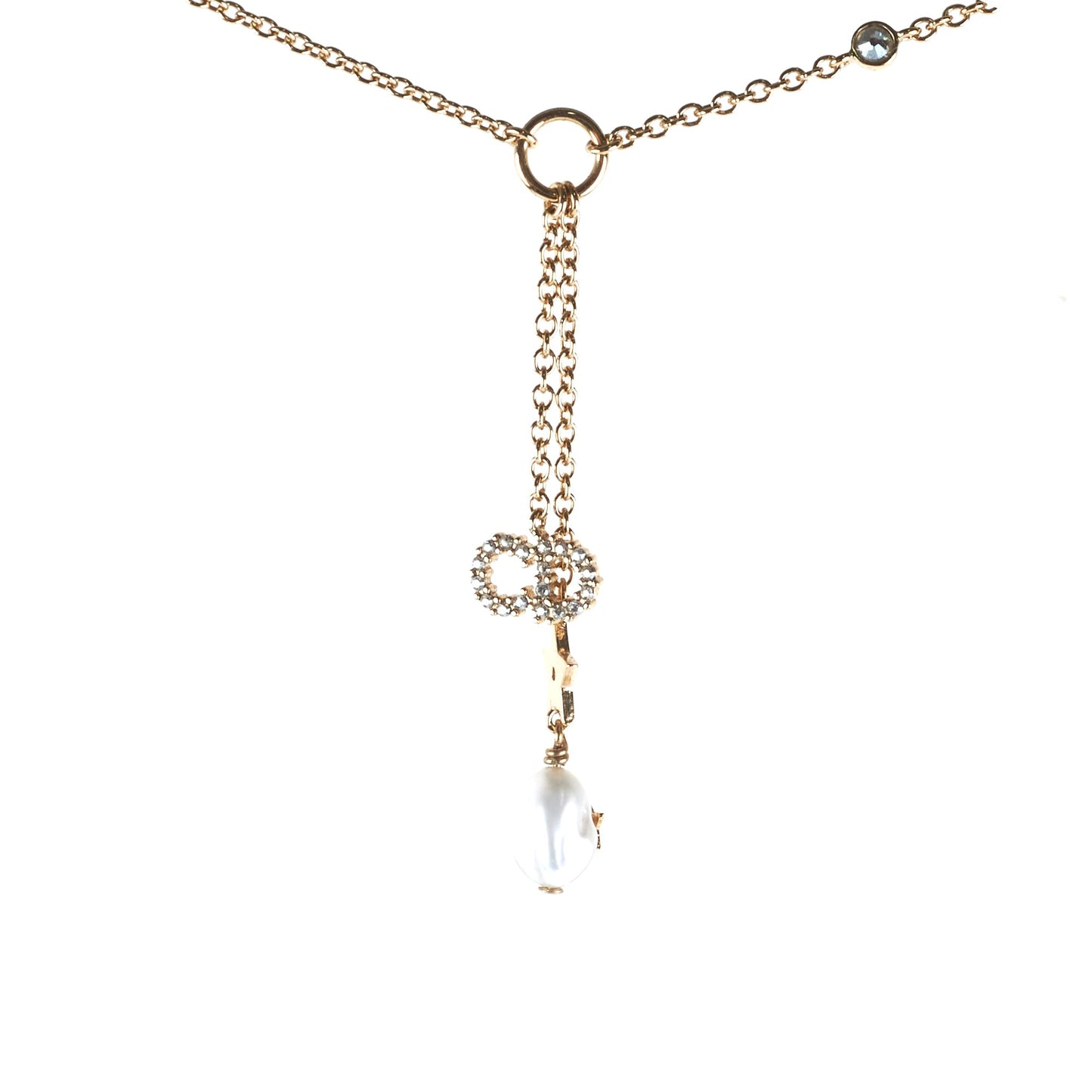 Christian Dior CD Gold Rhinestone Pearl Drop Necklace Costume Jewellery
