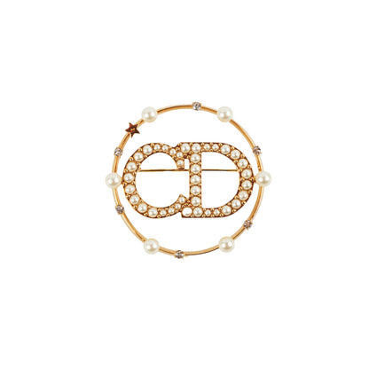 Christian Dior CD Gold Rhinestone Pearl Brooch Costume Jewellery