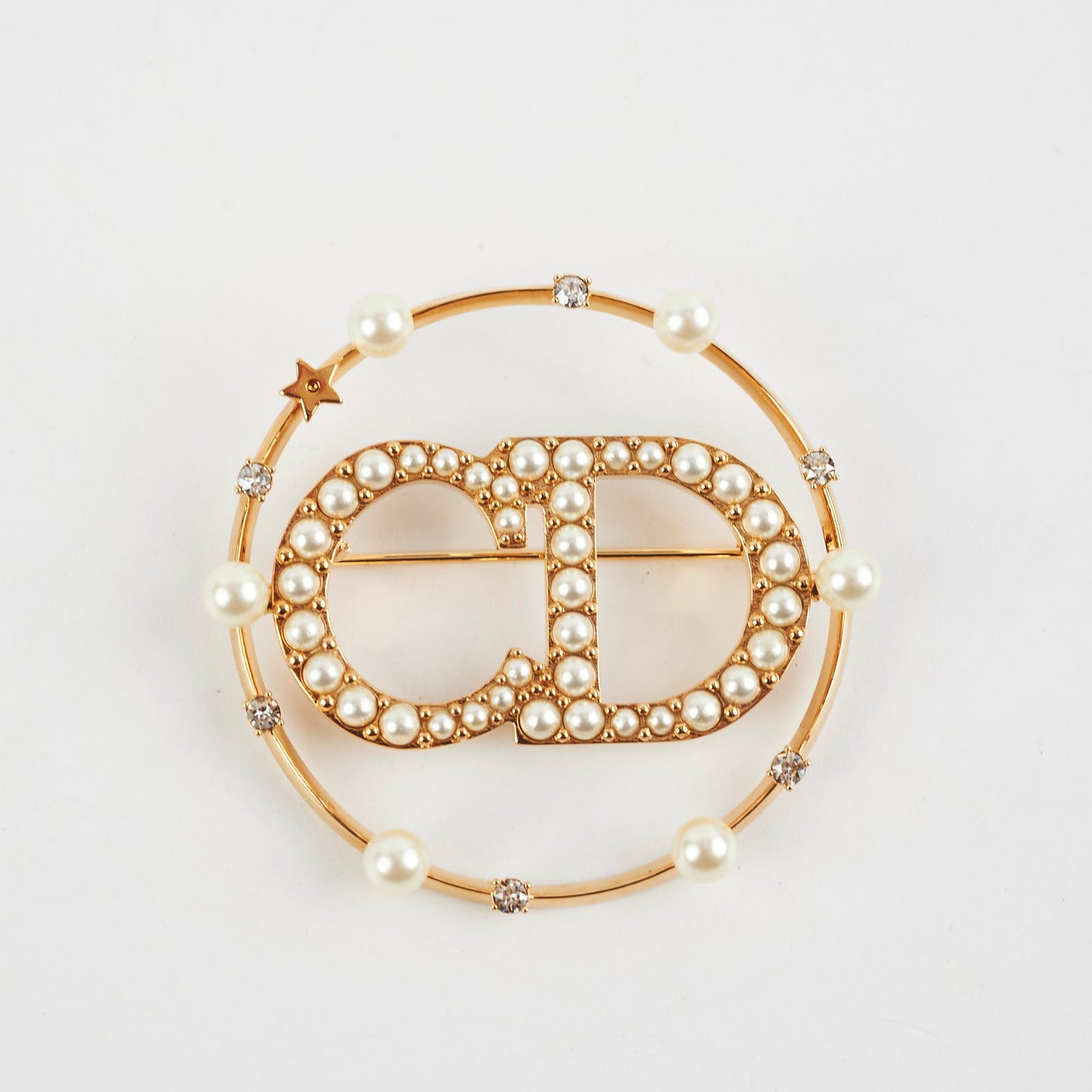 Christian Dior CD Gold Rhinestone Pearl Brooch Costume Jewellery
