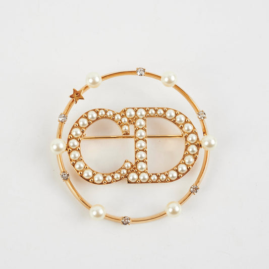Christian Dior CD Gold Rhinestone Pearl Brooch Costume Jewellery