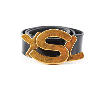 Saint Laurent Black Patent YSL Gold Enamel Buckle Belt