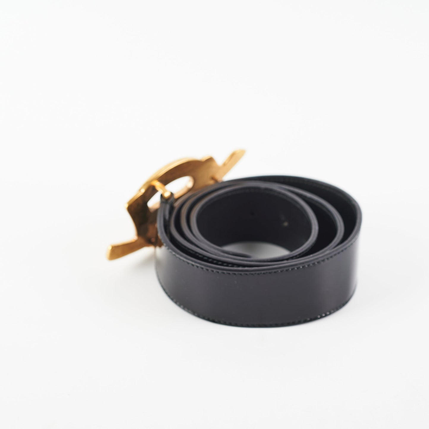 Saint Laurent Black Patent YSL Gold Enamel Buckle Belt