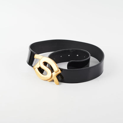 Saint Laurent Black Patent YSL Gold Enamel Buckle Belt