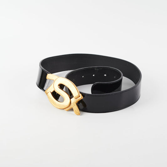 Saint Laurent Black Patent YSL Gold Enamel Buckle Belt