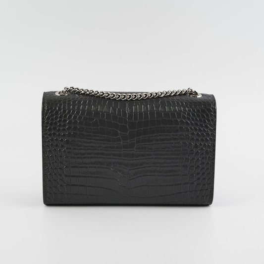Saint Laurent Small Kate Crocodile Embossed Dark Grey