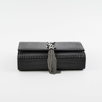 Saint Laurent Small Kate Crocodile Embossed Dark Grey