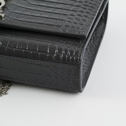 Saint Laurent Small Kate Crocodile Embossed Dark Grey