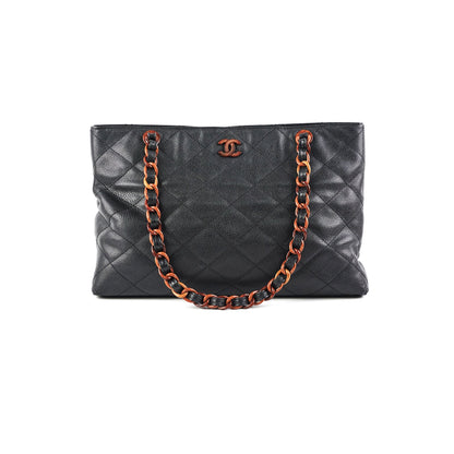Chanel Caviar Vintage Tortoise Shell Chain Black Tote Bag Black