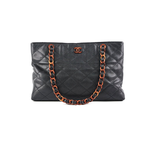 Chanel Caviar Vintage Tortoise Shell Chain Black Tote Bag Black
