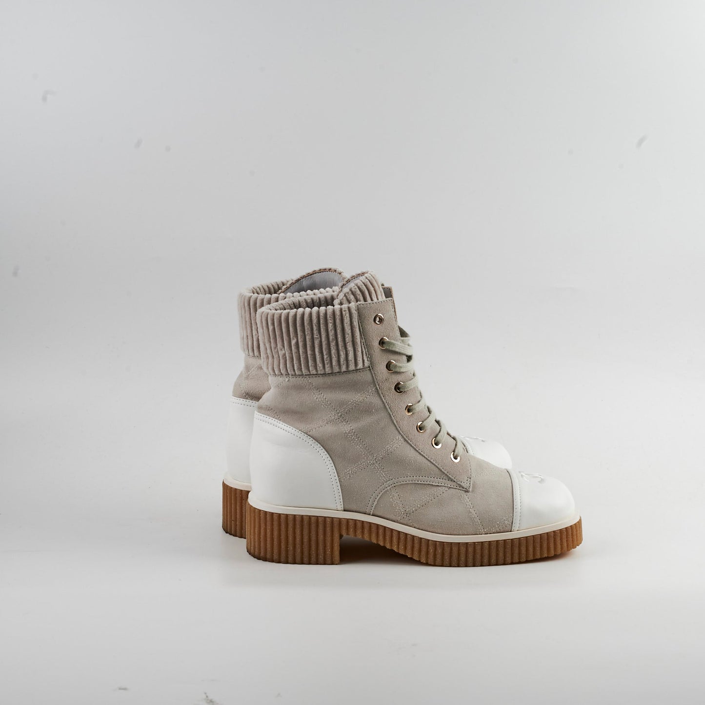 Chanel Combat Lace up Boots Grey/White Size 40