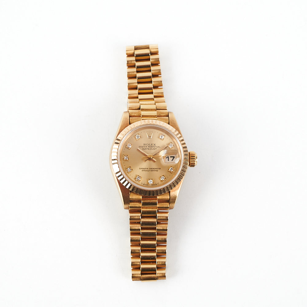 HOLD Rolex Lady Datejust 18k Gold Dial 26mm with Diamonds President Strap