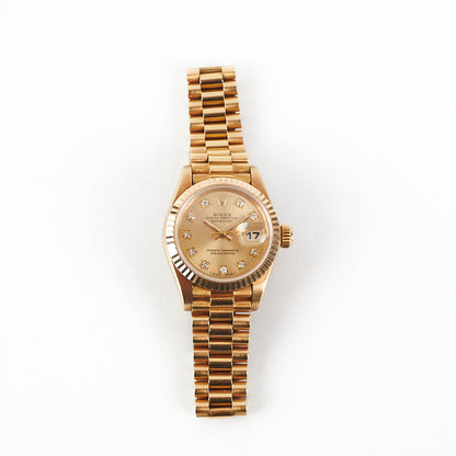 HOLD Rolex Lady Datejust 18k Gold Dial 26mm with Diamonds President Strap