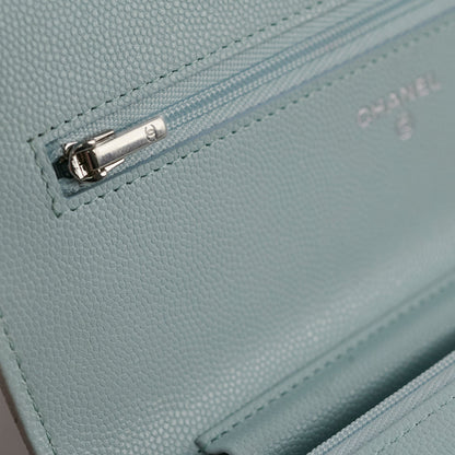 Chanel Caviar Wallet On Chain WOC Light Blue - Microchip