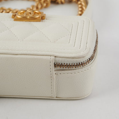Chanel Caviar Micro Boy Card holder on Chain White