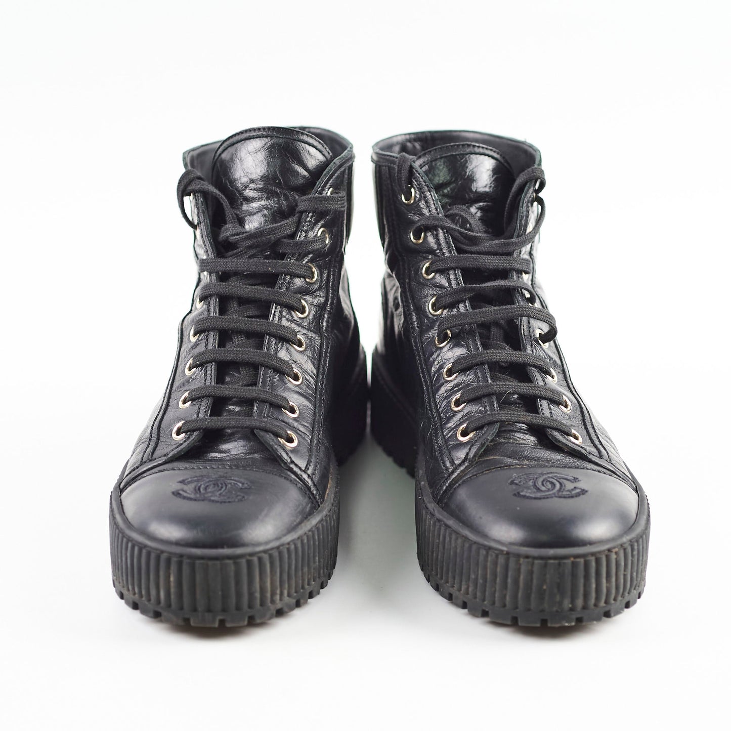 Chanel Calfskin Cap Toe Lace Up Boots Black Size 40.5C