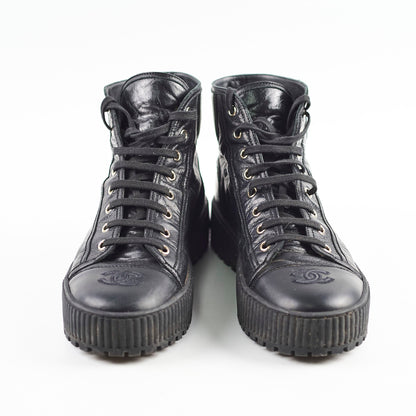 Chanel Calfskin Cap Toe Lace Up Boots Black Size 40.5C