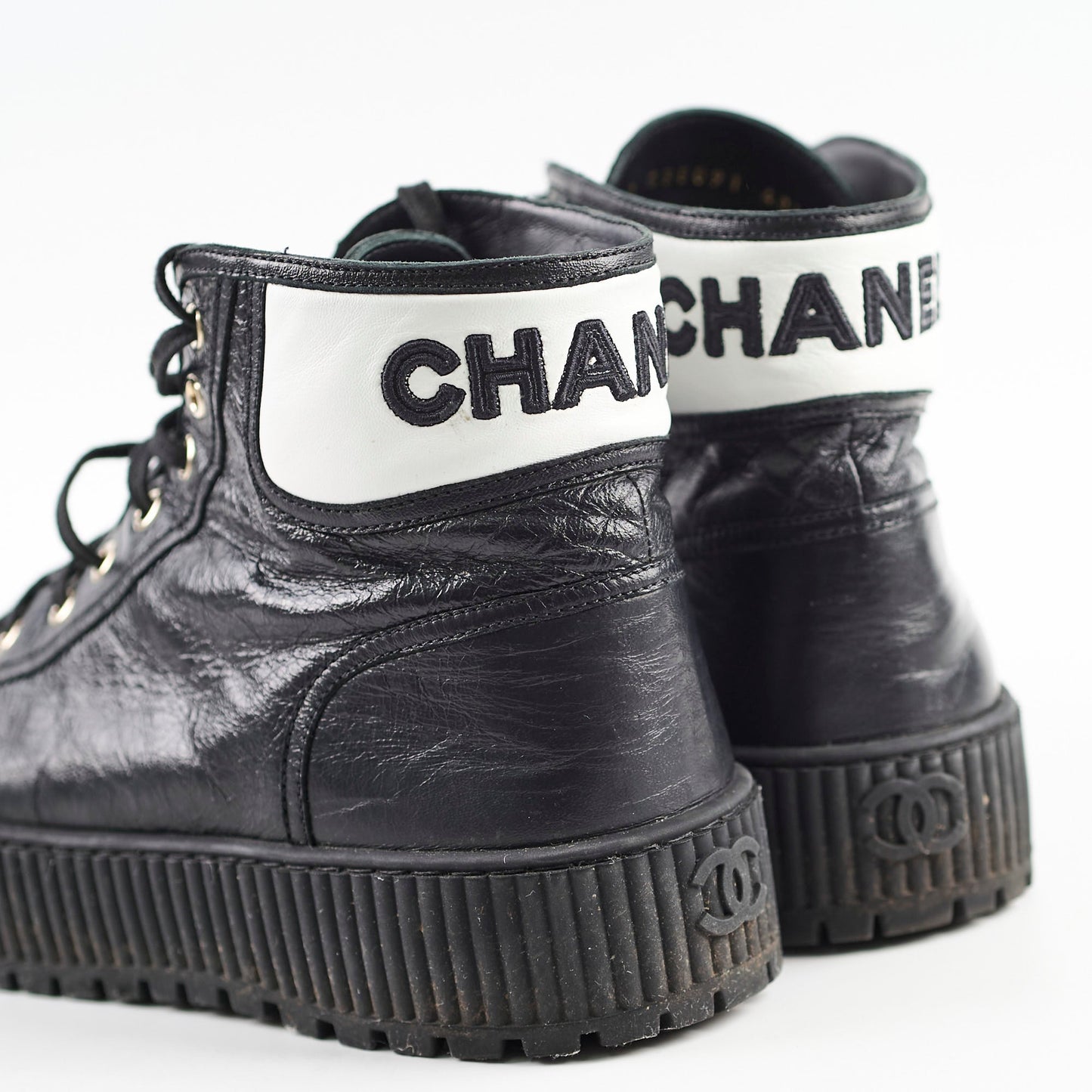 Chanel Calfskin Cap Toe Lace Up Boots Black Size 40.5C
