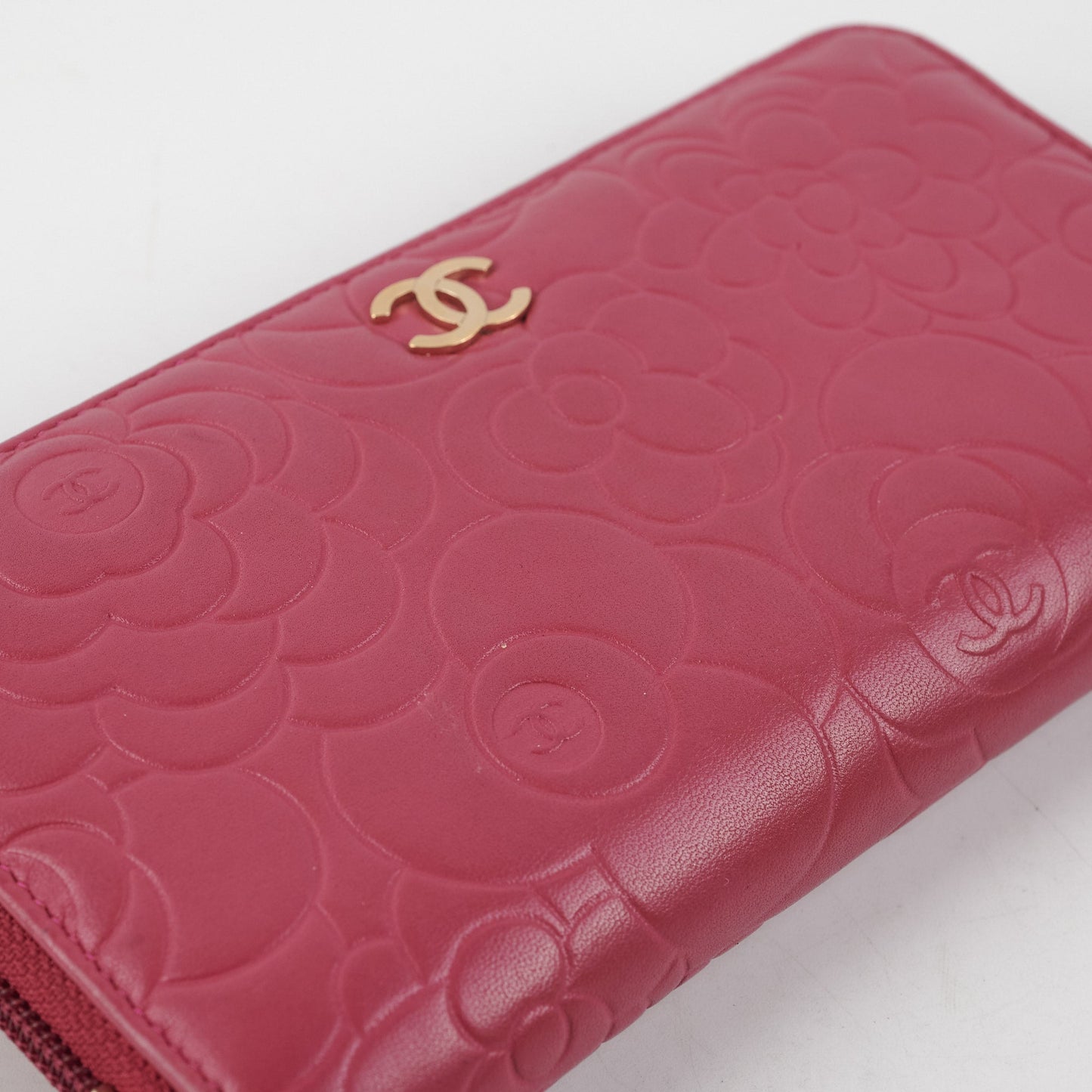 Chanel Long Zip Camelia Dark Pink Wallet