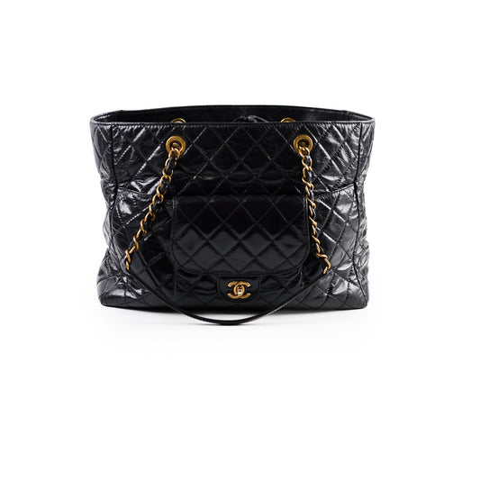 Chanel Shiny Large Front Pocket Calfskin Tote Black