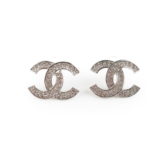 Chanel Silver Rhinestone CC Logo Earrings Costume Jewellery