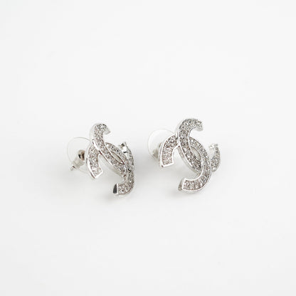 Chanel Silver Rhinestone CC Logo Earrings Costume Jewellery