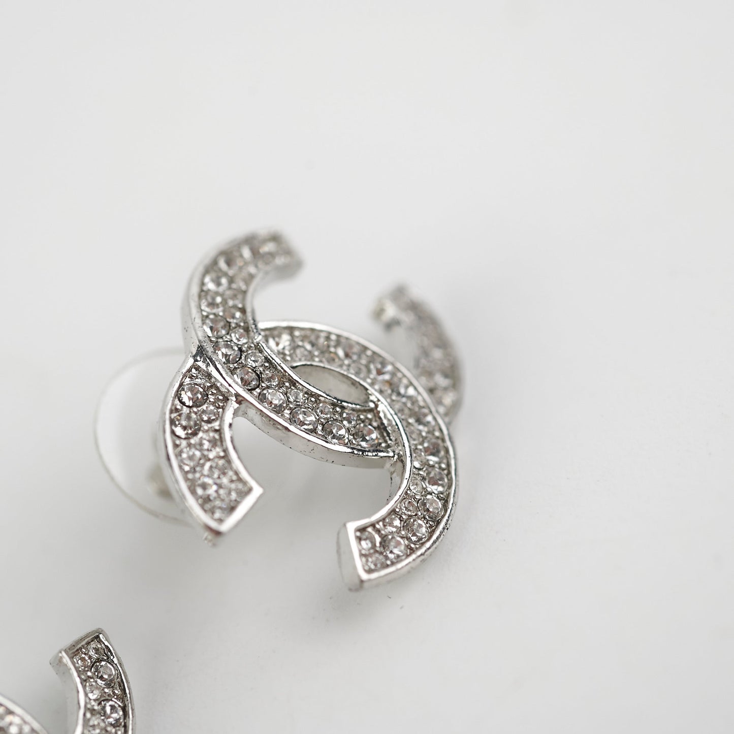 Chanel Silver Rhinestone CC Logo Earrings Costume Jewellery