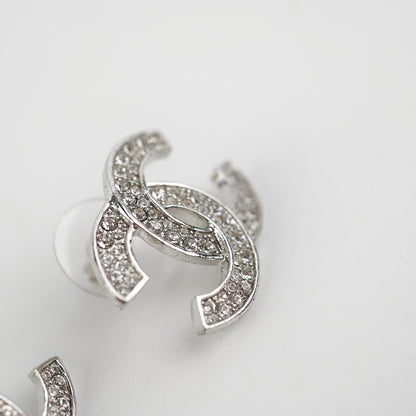 Chanel Silver Rhinestone CC Logo Earrings Costume Jewellery