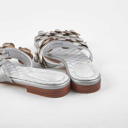 Chanel Lambskin Camelia Silver Sandals Size 40