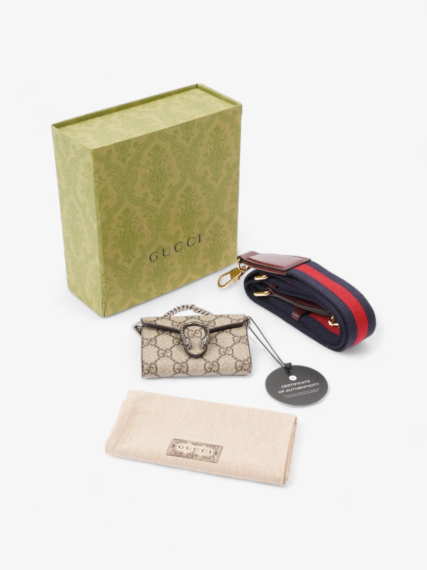 Gucci Dionysus GG Wallet With Web Strap Beige And Ebony GG Supreme / Navy / Red Coated Canvas