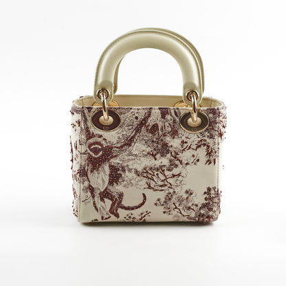 Christian Dior Mini Lady Dior Calfskin Limited Edition Embroidered Bag Ivory/Burgundy
