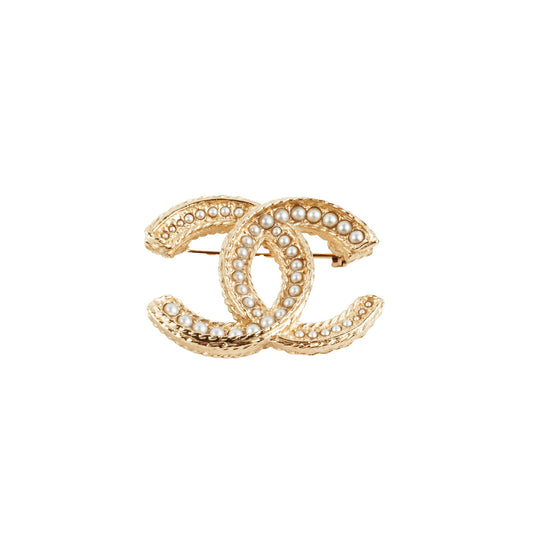 Chanel CC Logo Pearl Gold Brooch Costume Jewellery