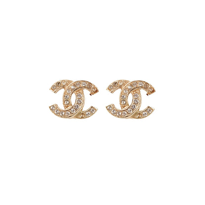 Chanel Mini CC Logo Rhinestone Gold Earrings Costume Jewellery