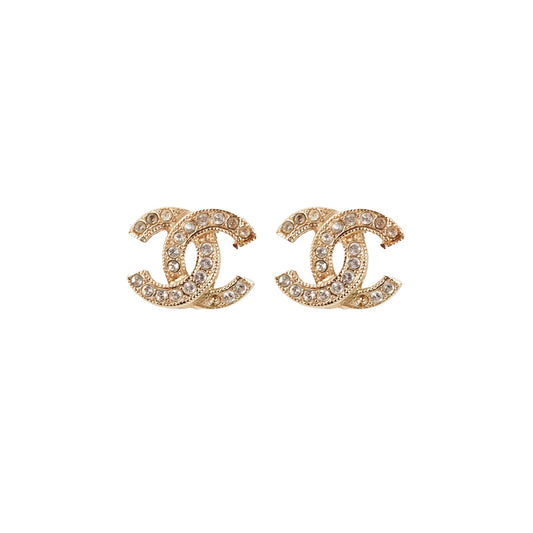 Chanel Mini CC Logo Rhinestone Gold Earrings Costume Jewellery