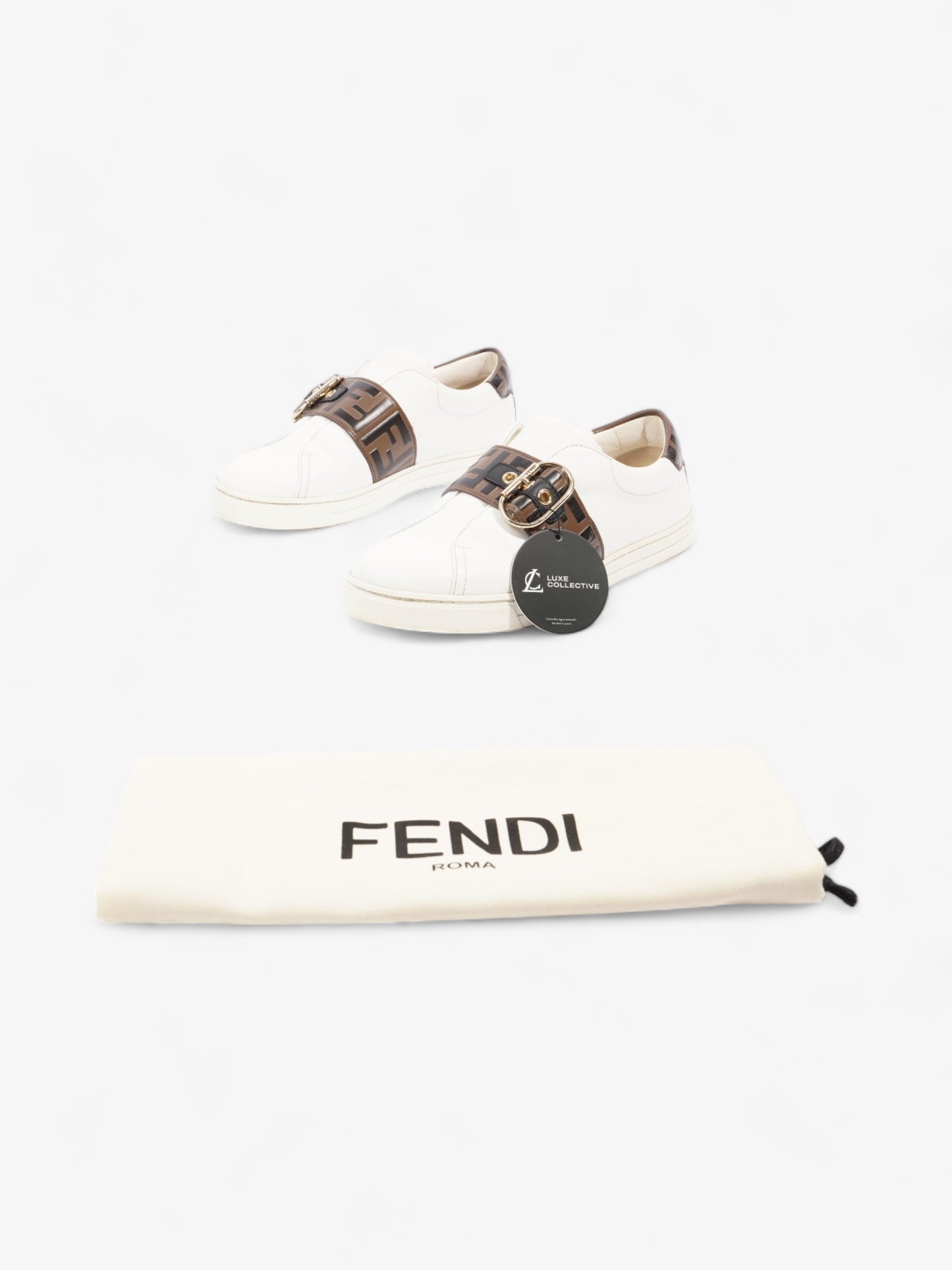 Fendi FF Logo Buckled Low Top Sneakers White / Zucca Leather EU 38 UK 5