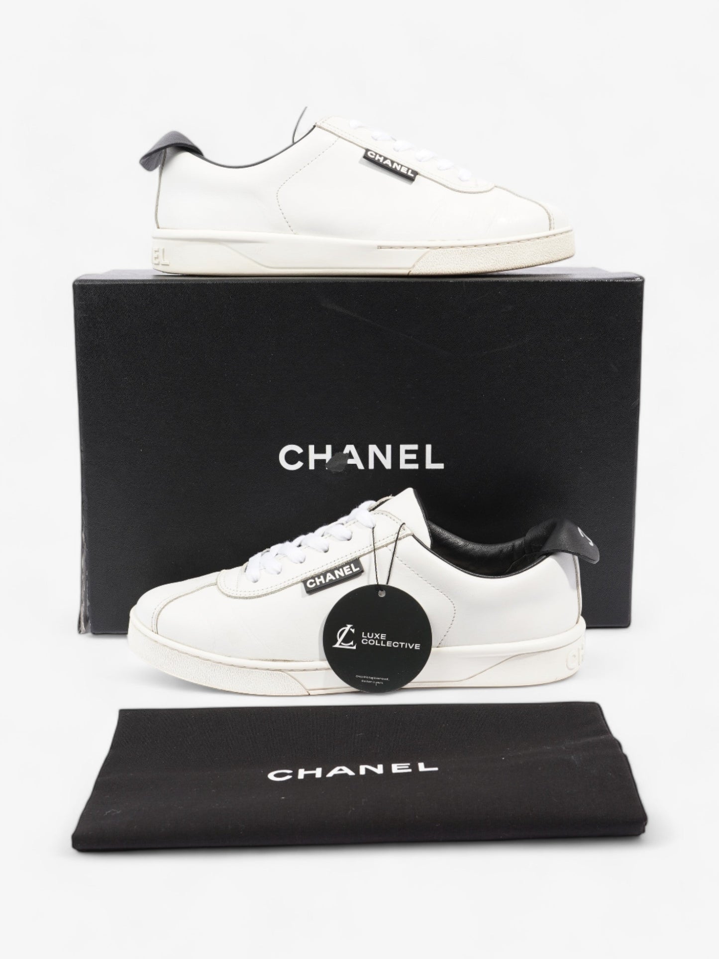 Chanel CC Logo Sneakers  White / Black Leather EU 38 UK 5