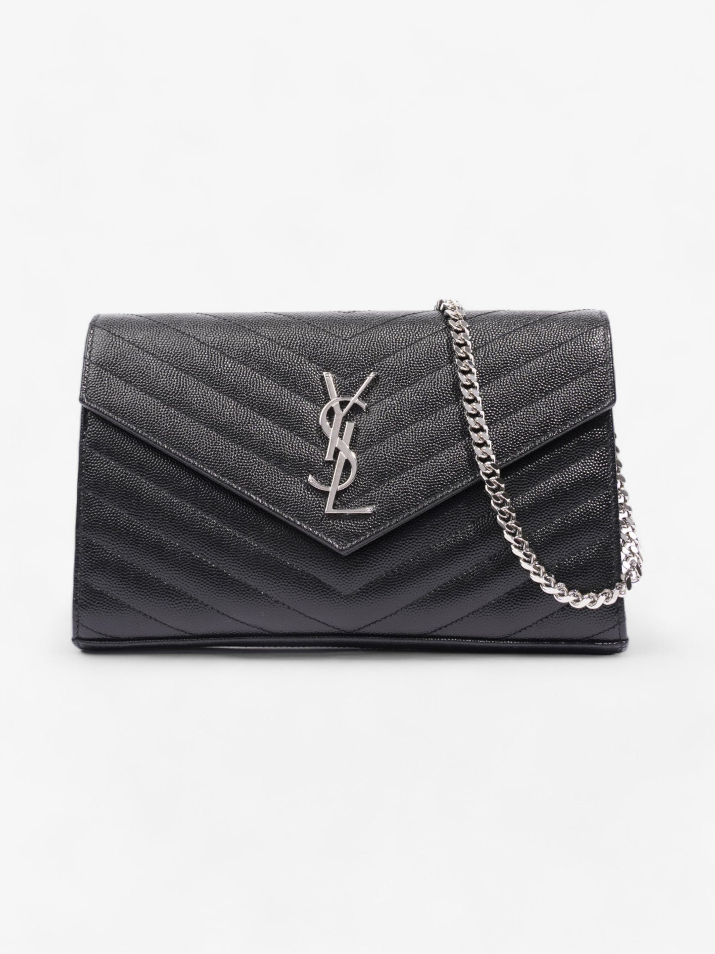 Saint Laurent Cassandre Chain Wallet Black Grained Leather